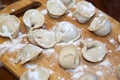 Raw homemade dumplings with minced meat on wooden board on table,  sprinkled with flour. Close up view of traditional Russian Royalty Free Stock Photo