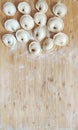 Raw homemade dumplings with minced meat on wooden board on table, sprinkled with flour Royalty Free Stock Photo