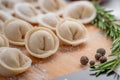 Raw raw homemade dumplings with seasonings on the kitchen table Royalty Free Stock Photo