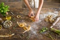 Raw homemade pasta and hands Royalty Free Stock Photo