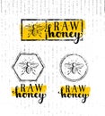 Raw Honey Creative Sign Vector Concept. Organic Healthy Food Design Element With Bee Icon On Rough Stained Background