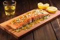 raw honey glazed salmon fillet placed on cedar plank