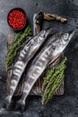 Raw icefish on a wooden cutting board. Black background. Top view Royalty Free Stock Photo