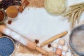 Raw igredients for cooking bread or cake eggs, spices, flour, rolling pin, sieve. Baking background with copy space for text Royalty Free Stock Photo
