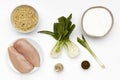 Raw ingredients for a bowl of delicious Chicken Laska and noodles with vegetables and spice