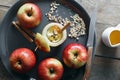 Raw ingredients cooking baked apples nuts honey cinnamon top vie Royalty Free Stock Photo