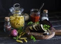 Raw ingredients for cooking Italian pasta with eggplant Royalty Free Stock Photo