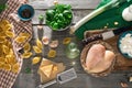 Raw ingredients for cooking Italian pasta on wooden table Royalty Free Stock Photo