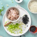 Raw Ingredients cooking poke bowl chicken meat top view
