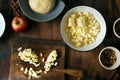 Ingredients cooking apple pie strudel Apples cinnamon nuts raisins dough