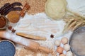 Raw ingredients for cooking on a wooden table with copy space for text or recipe. Baking background with eggs, spices, flour Royalty Free Stock Photo