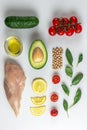 Raw Ingredients for Dietary salad with chicken, avocado, cucumber, tomato and spinach Royalty Free Stock Photo