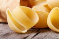 Raw Italian macaroni lumaconi scattered of paper packaging