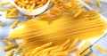 Raw Italian pasta fettuccine, spaghetti, fusilli, penne. traditional italian food close up.