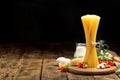 Raw Italian spaghetti with ingredients for cooking Italian pasta Royalty Free Stock Photo