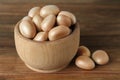 Raw jackfruit seeds in bowl on wooden table