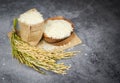 Raw jasmine rice grain with ear of paddy agricultural products for food in Asian - Thai rice white on bowl and sack background Royalty Free Stock Photo