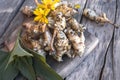 Raw jerusalem artichoke. Topinambur vegetable root on wooden table Royalty Free Stock Photo