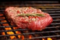 raw juicy steak placed on preheated barbecue grill Royalty Free Stock Photo