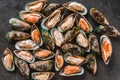 Raw kiwi mussels on slate stone background. Seafood, Shellfish, top view, flat lay, macro Royalty Free Stock Photo