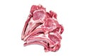 Raw lamb chops, fresh mutton meat cutlets on a ribs. Isolated, white background.