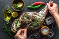 Raw lamb leg, marinated with herbs Royalty Free Stock Photo