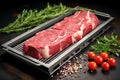 raw lamb rack on steel tray with scattered herbs Royalty Free Stock Photo