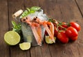 Raw langoustine in a bucket with vegetables and herbs Royalty Free Stock Photo