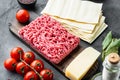 Raw lasagna ingredients and pasta , on gray stone background Royalty Free Stock Photo
