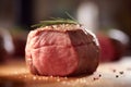 Raw, lean beef steak on a dark background. The meat is perfectly sliced and ready for cooking on a grill.