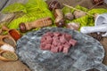 Raw lean diced casserole beef steak. Pile of cube chopped pile raw diced beef cubes. Turkish name; Dana Kusbasi Royalty Free Stock Photo