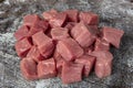 Raw lean diced casserole beef steak. Pile of cube chopped pile raw diced beef cubes. Turkish name; Dana Kusbasi Royalty Free Stock Photo