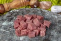 Raw lean diced casserole beef steak. Pile of cube chopped pile raw diced beef cubes. Turkish name; Dana Kusbasi Royalty Free Stock Photo