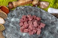 Raw lean diced casserole beef steak. Pile of cube chopped pile raw diced beef cubes. Turkish name; Dana Kusbasi Royalty Free Stock Photo