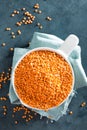 Raw lentil in bowl on table. Fresh lentils. Vegetarian food