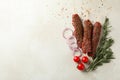 Raw lula kebab, herbs and spices on white textured background Royalty Free Stock Photo