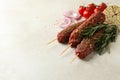 Raw lula kebab, herbs and spices on white textured background Royalty Free Stock Photo