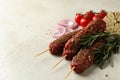 Raw lula kebab, herbs and spices on white textured background Royalty Free Stock Photo