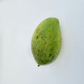 Raw mango, green, has a sour taste, is a fresh edible fruit.