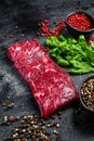 Raw marble beef meat steak. Black background. Top view Royalty Free Stock Photo