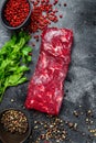 Raw marble beef meat steak. Black background. Top view Royalty Free Stock Photo