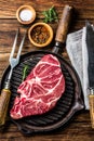 Raw marbled beef steak on grill pan Royalty Free Stock Photo