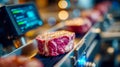 Raw marbled steak moving along a production conveyor in a high-tech food processing facility Royalty Free Stock Photo