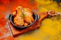 Raw marinated chicken drumsticks sprinkled with spice, chili pepper pieces, bay leaves prepared to cook in a dish, view from above Royalty Free Stock Photo