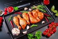 Chicken legs in red marinade on a glaze baking pan with various spices. Raw marinated meat. Royalty Free Stock Photo