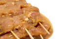 Raw marinated meat in plate for pork bbq skewer close up Royalty Free Stock Photo