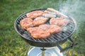 Raw marinated pork neck steak meat roasting on kettle barbecue grill with charcoal and smoke in garden on summer evening Royalty Free Stock Photo
