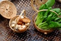 Raw materials vegans, fresh green bok choy and mushroom