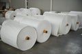 Raw materials warehouse. Many large coils of finished propylene hose made of woven thread for making industrial bags.