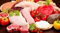 Raw meat assortment, beef, chicken, turkey, decorated with greens and vegetables Royalty Free Stock Photo